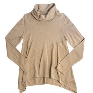Donna Karan Sweater Wool Asymmetric Mock Neck Quiet Luxury Women's Tan Medium